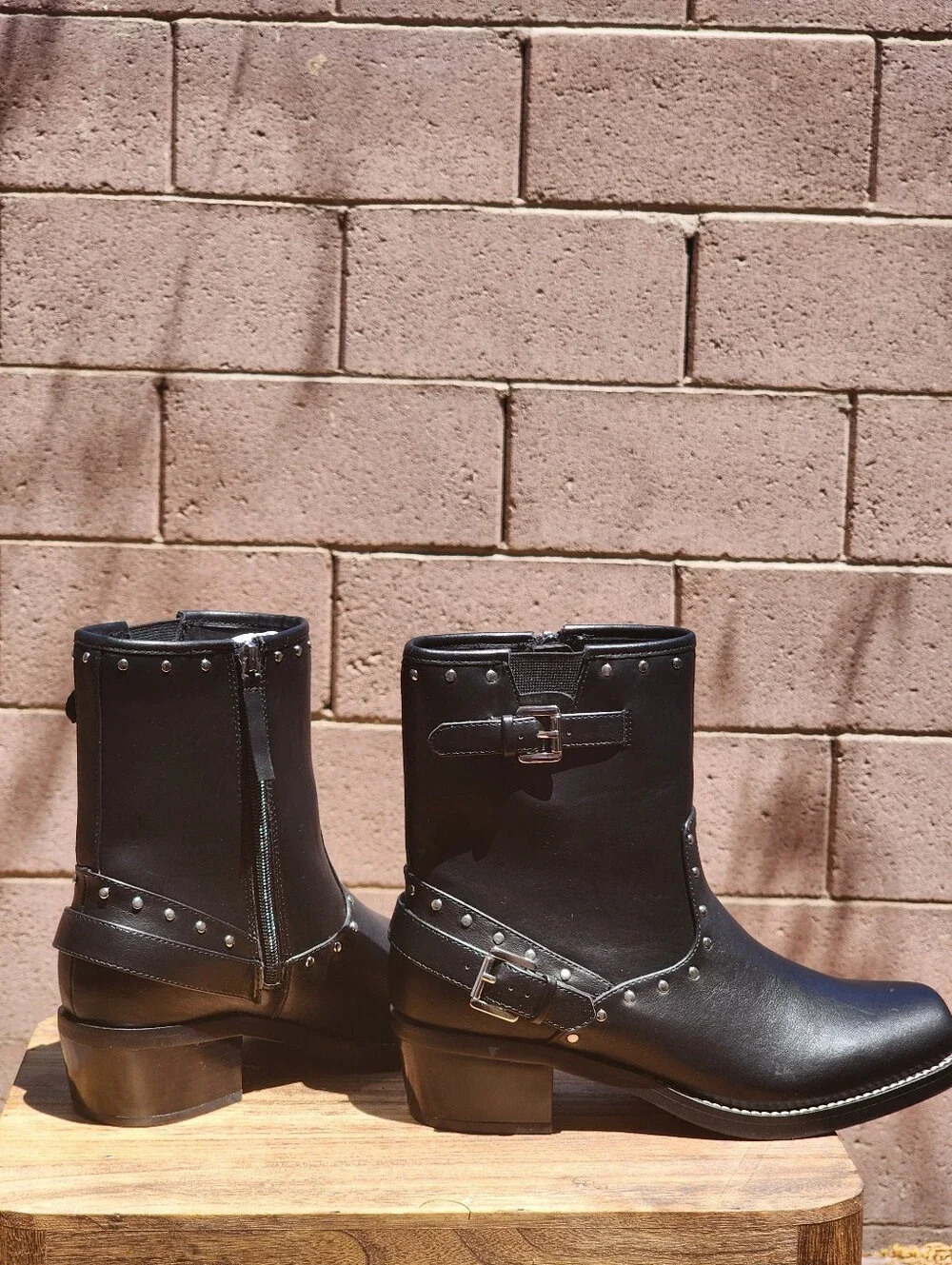 MIA Women's Delores Black Leather Square Toe Studded Buckle Booties Size 9